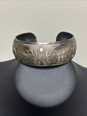Engraved Elephant Scene Motif Silver-Tone Cuff Bracelet